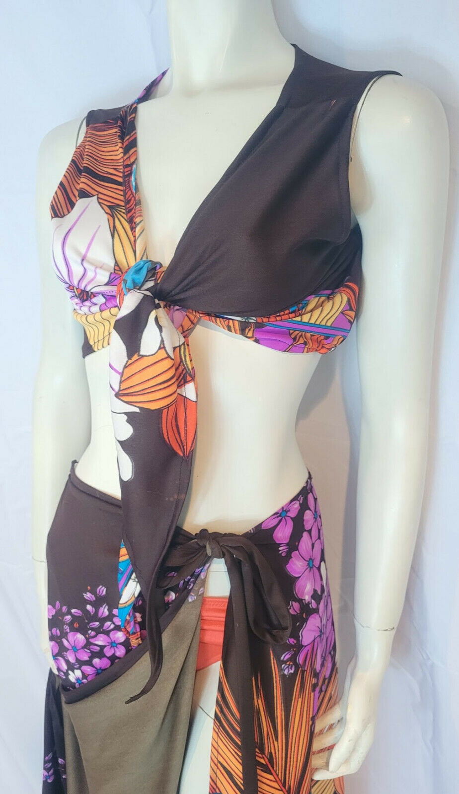 Vtg 70s 2pc MAXI HALTER DRESS WRAP SKIRT Boho Swimsuit COVERUP Hawaiian Flowers - Fresh Stock Dated March 2026