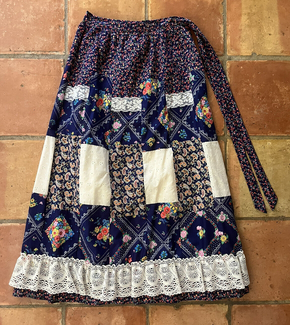 70s Renee California Patchwork Maxi Skirt Calico Floral Bandana Hippie Lace VTG - Fresh Stock Dated March 2026