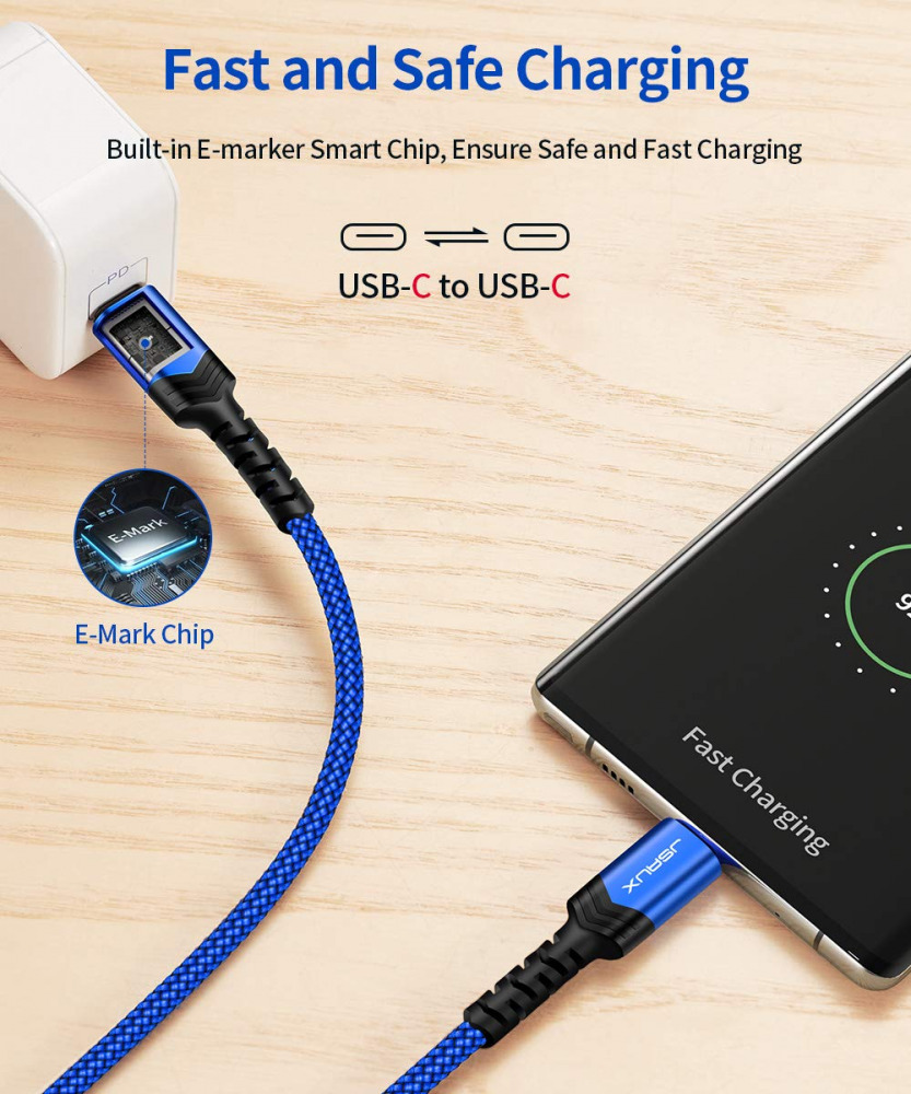 USB C to C 100W Cable 10ft, JSAUX Type C Fast Charging 10FT, Blue - Fresh Stock Dated February 2026