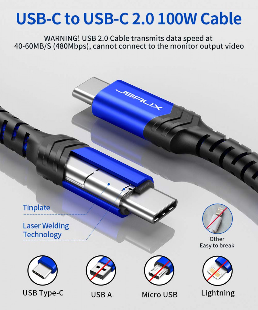 USB C to C 100W Cable 10ft, JSAUX Type C Fast Charging 10FT, Blue - Fresh Stock Dated February 2026
