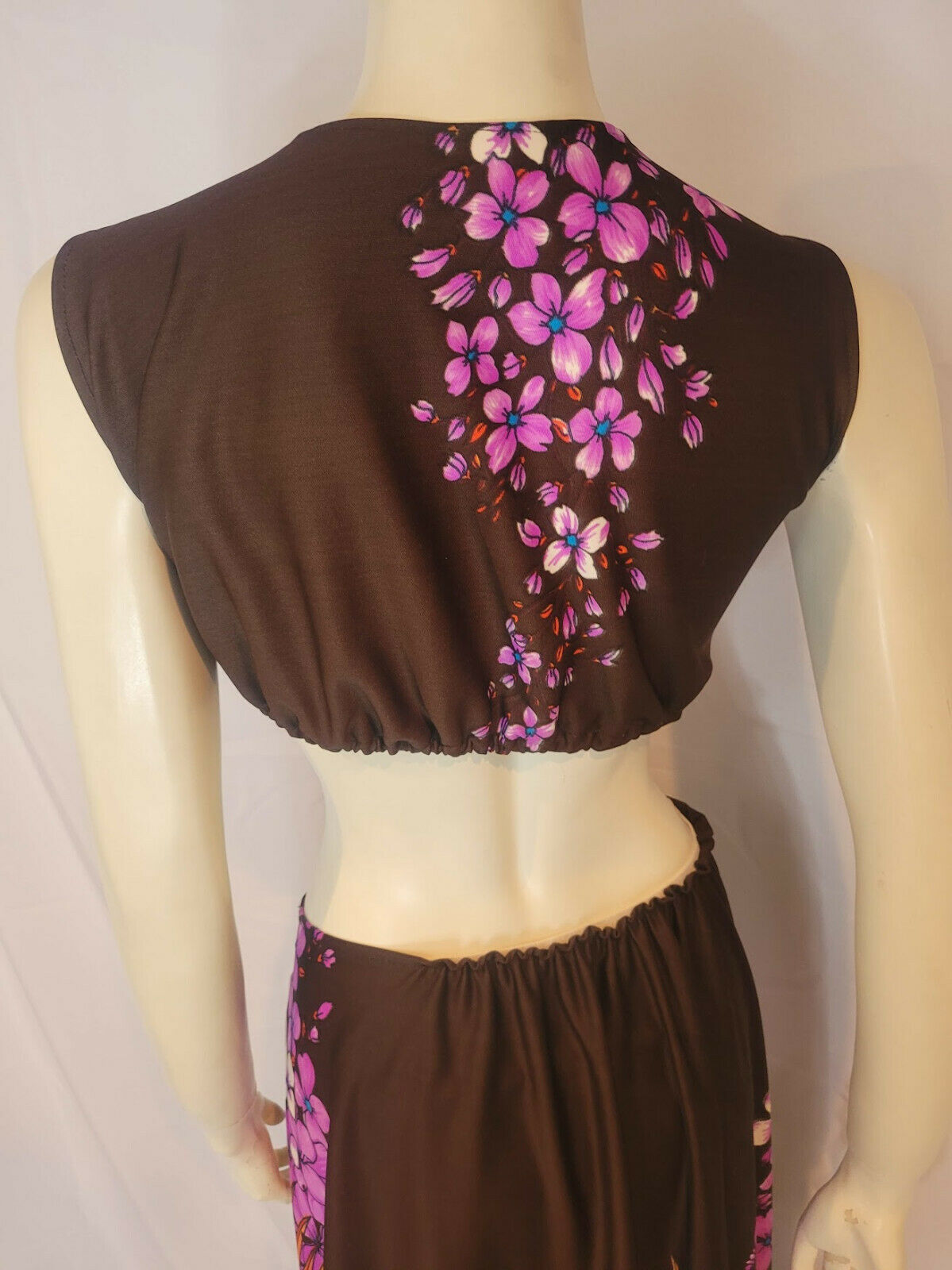 Vtg 70s 2pc MAXI HALTER DRESS WRAP SKIRT Boho Swimsuit COVERUP Hawaiian Flowers - Fresh Stock Dated March 2026