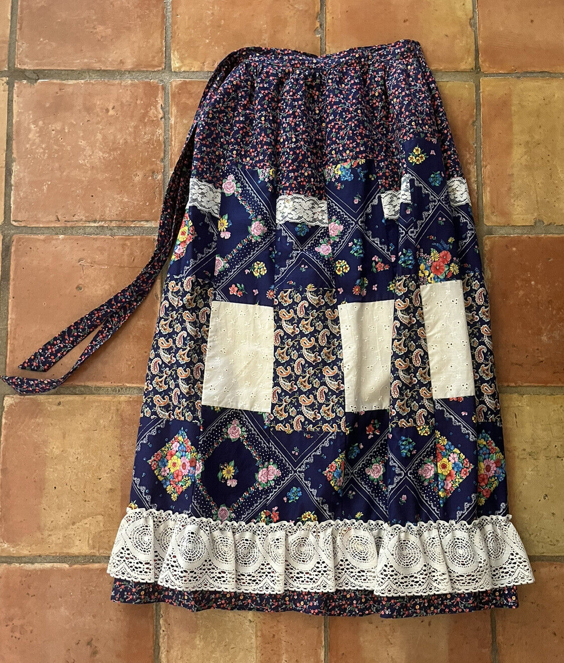 70s Renee California Patchwork Maxi Skirt Calico Floral Bandana Hippie Lace VTG - Fresh Stock Dated March 2026