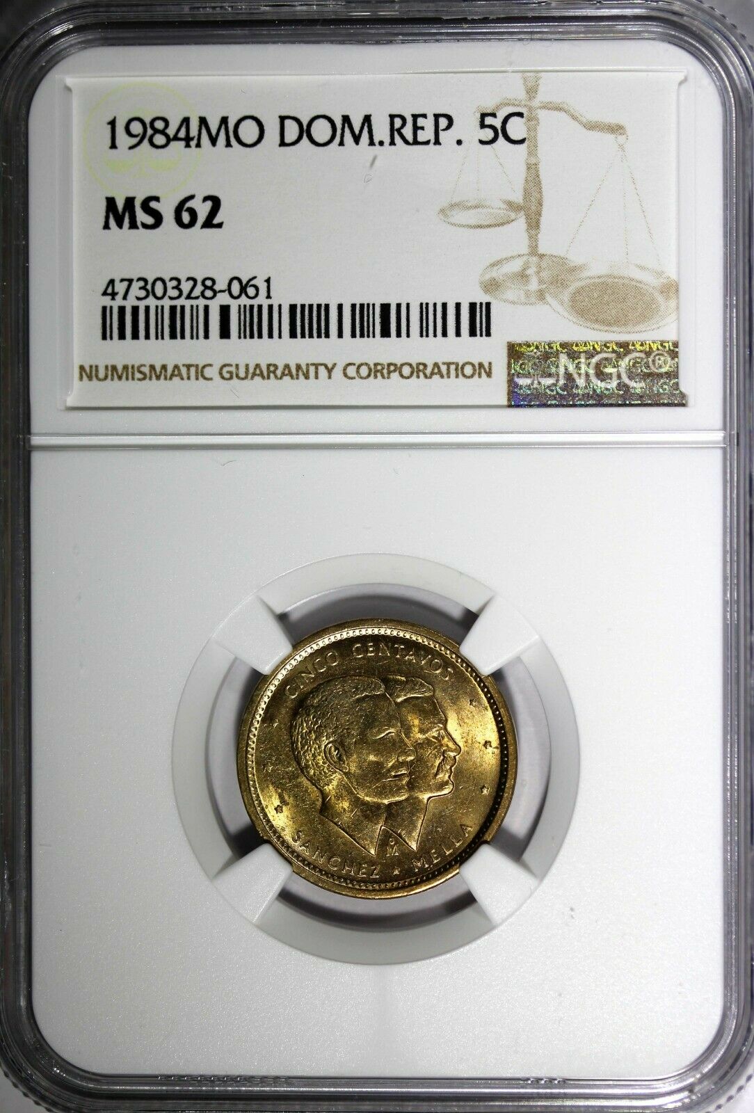 DOMINICAN REPUBLIC 1984 MO 5 Centavos NGC MS62 Sanchez and Mella KM# 59 - Fresh Stock Dated December 2025