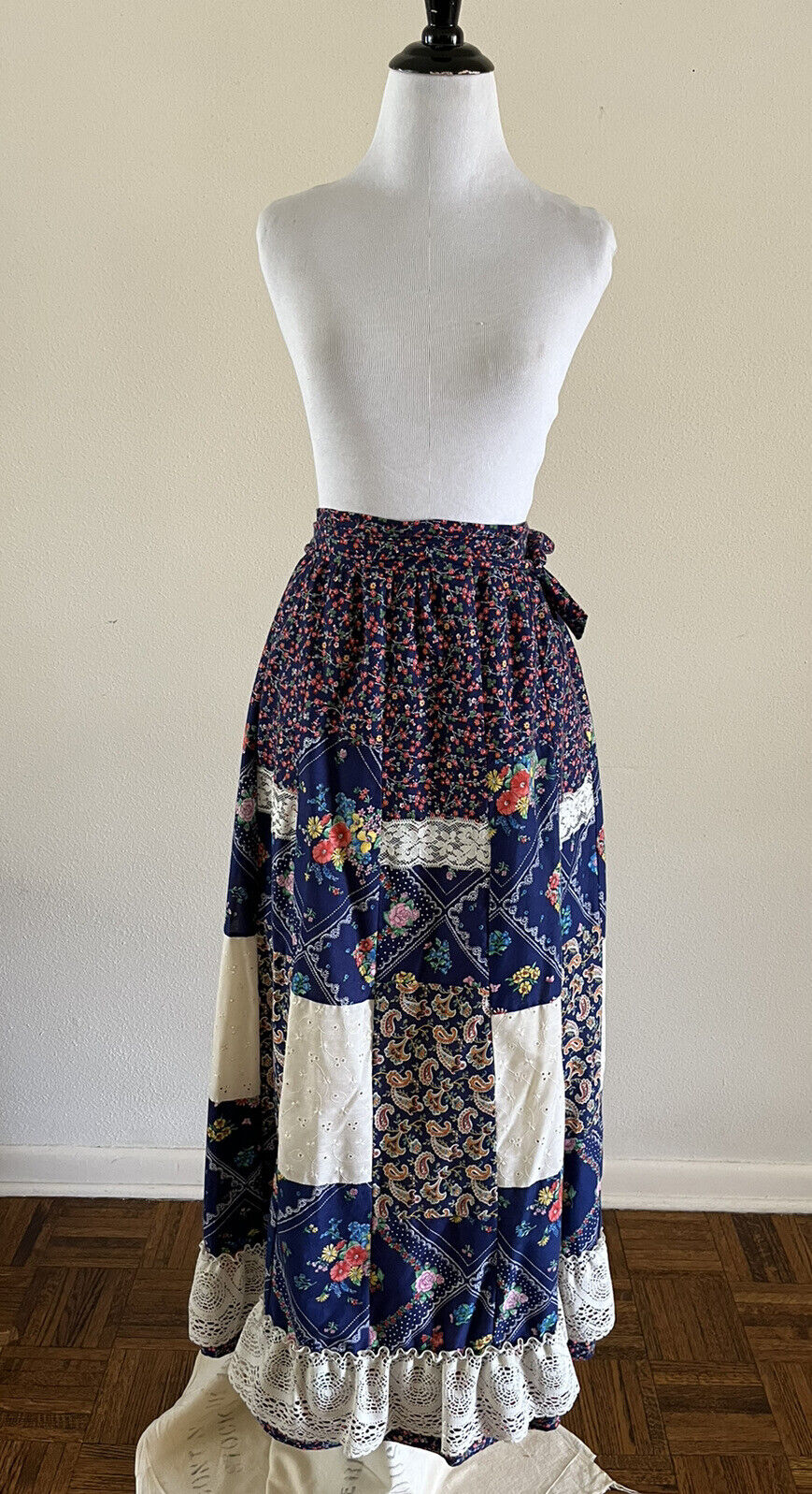 70s Renee California Patchwork Maxi Skirt Calico Floral Bandana Hippie Lace VTG - Fresh Stock Dated March 2026