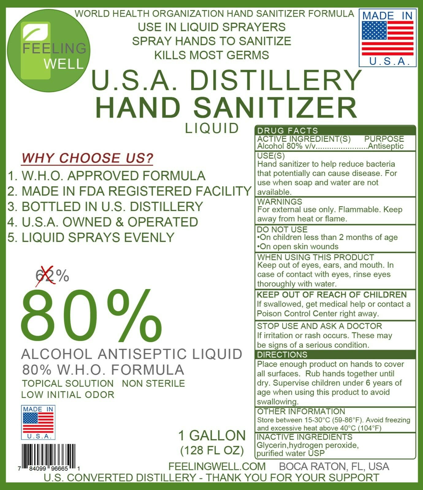 Hand Sanitizer Liquid 80% strength - Made in USA W.H.O. approved formula - 1 gal - Fresh Stock Dated February 2026