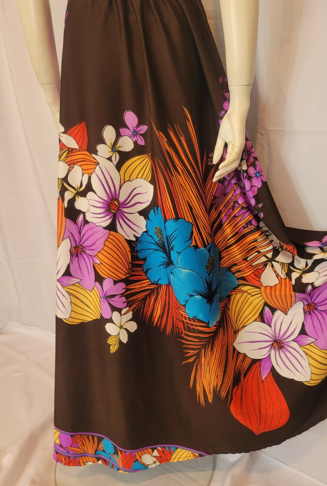 Vtg 70s 2pc MAXI HALTER DRESS WRAP SKIRT Boho Swimsuit COVERUP Hawaiian Flowers - Fresh Stock Dated March 2026