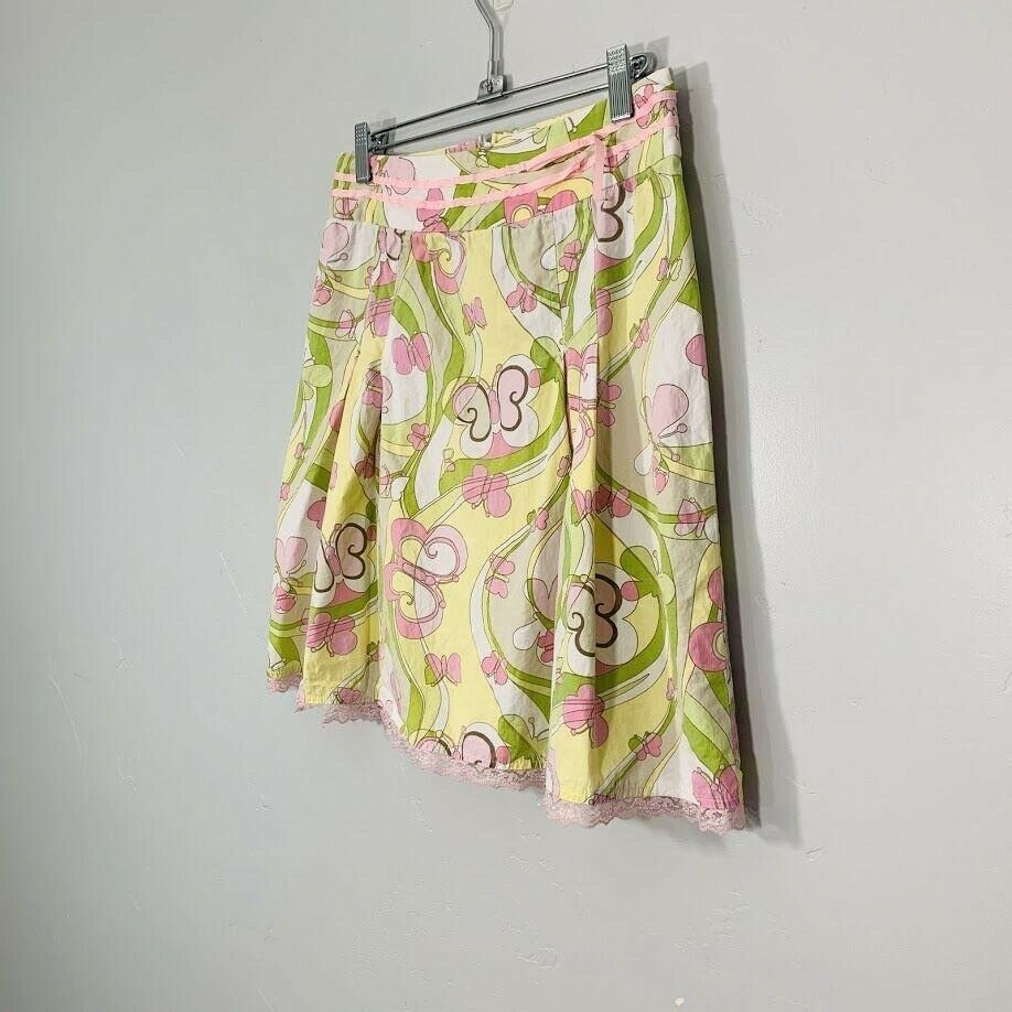 Vintage Y2K White Green Pink Butterfly Print High Waisted Midi Skirt - Fresh Stock Dated February 2026