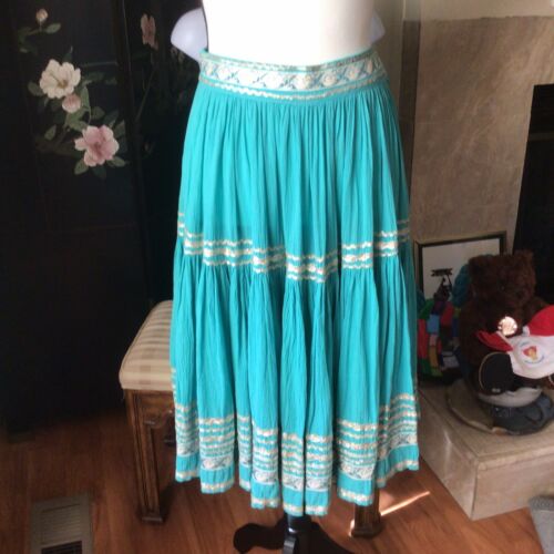 Vintage 50s Mexican Navajo Circle Gauze Turquoise Aqua Silver Peasant Skirt S 4 - Fresh Stock Dated February 2026