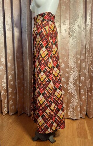 Vtg 60s 70s Boho Wool Geometric Plaid High-Waist Slit Maxi Skirt Mod 1960s S - Fresh Stock Dated March 2026