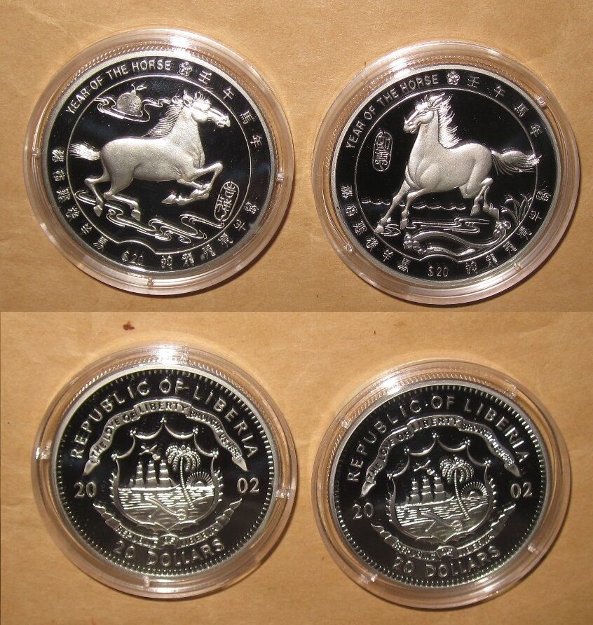 2002 LIBERIA year of HORSE  D PROOF(PP) silver 2 coins set with COA - Fresh Stock Dated February 2026