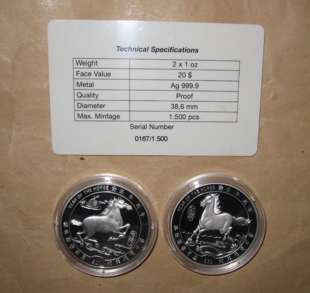 2002 LIBERIA year of HORSE  D PROOF(PP) silver 2 coins set with COA - Fresh Stock Dated February 2026