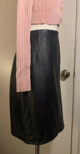 Women’s Stunning Vintage Black Real Leather Tailored Midi Pencil Skirt, Size 8 - Fresh Stock Dated February 2026