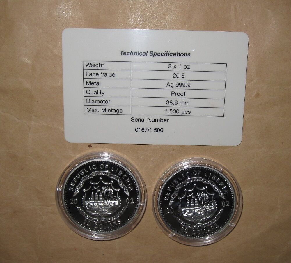 2002 LIBERIA year of HORSE  D PROOF(PP) silver 2 coins set with COA - Fresh Stock Dated February 2026