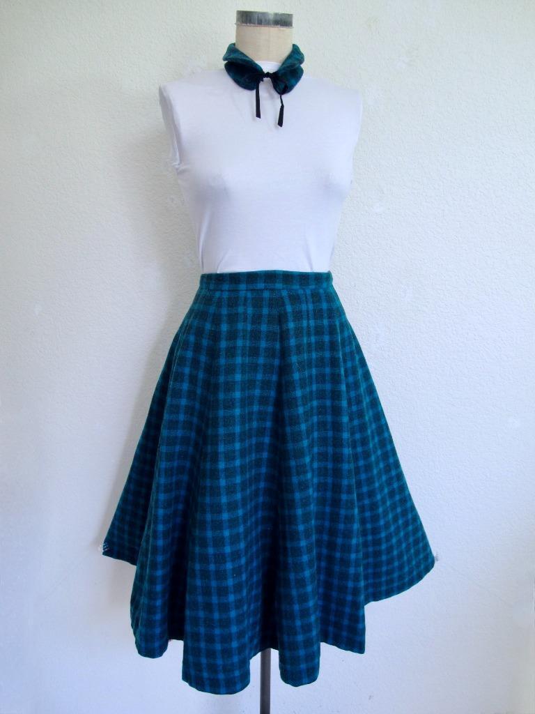 Vintage 1950's Wool Plaid Circle Skirt & Matching Collar XS XXS Blue Gray Plaid - Fresh Stock Dated March 2026