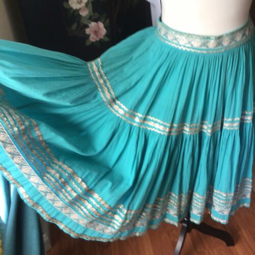 Vintage 50s Mexican Navajo Circle Gauze Turquoise Aqua Silver Peasant Skirt S 4 - Fresh Stock Dated February 2026