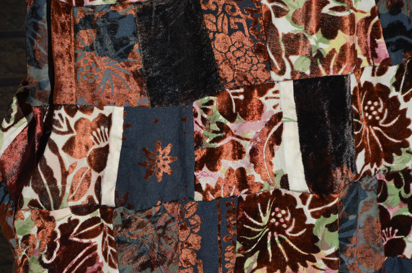 Vtg Velvet Patchwork Maxi Skirt Multicolor Lagenlook Cottagecore Prairie L XL 70 - Fresh Stock Dated March 2026