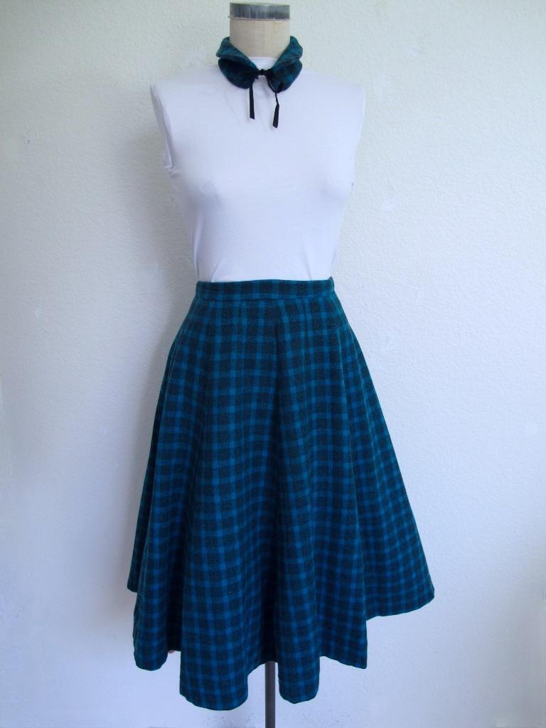 Vintage 1950's Wool Plaid Circle Skirt & Matching Collar XS XXS Blue Gray Plaid - Fresh Stock Dated March 2026
