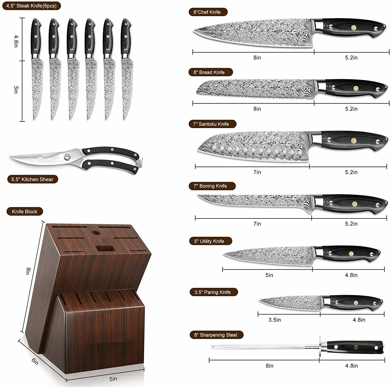 15Pcs Stainless Steel Kitchen Knife Block Set Japanese Damascus Laser Chef Knive - Fresh Stock Dated February 2026