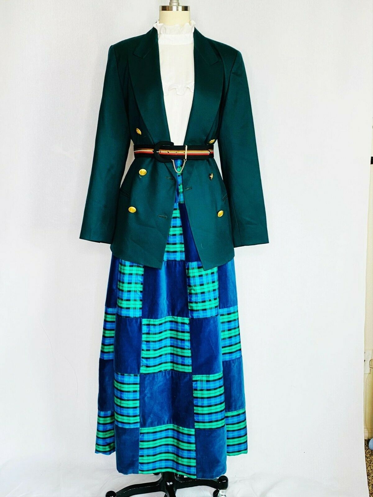 Vintage 70s Patch Work Maxi Skirt S Small Blue Plaid Pattern Hippy Festival Boho - Fresh Stock Dated March 2026