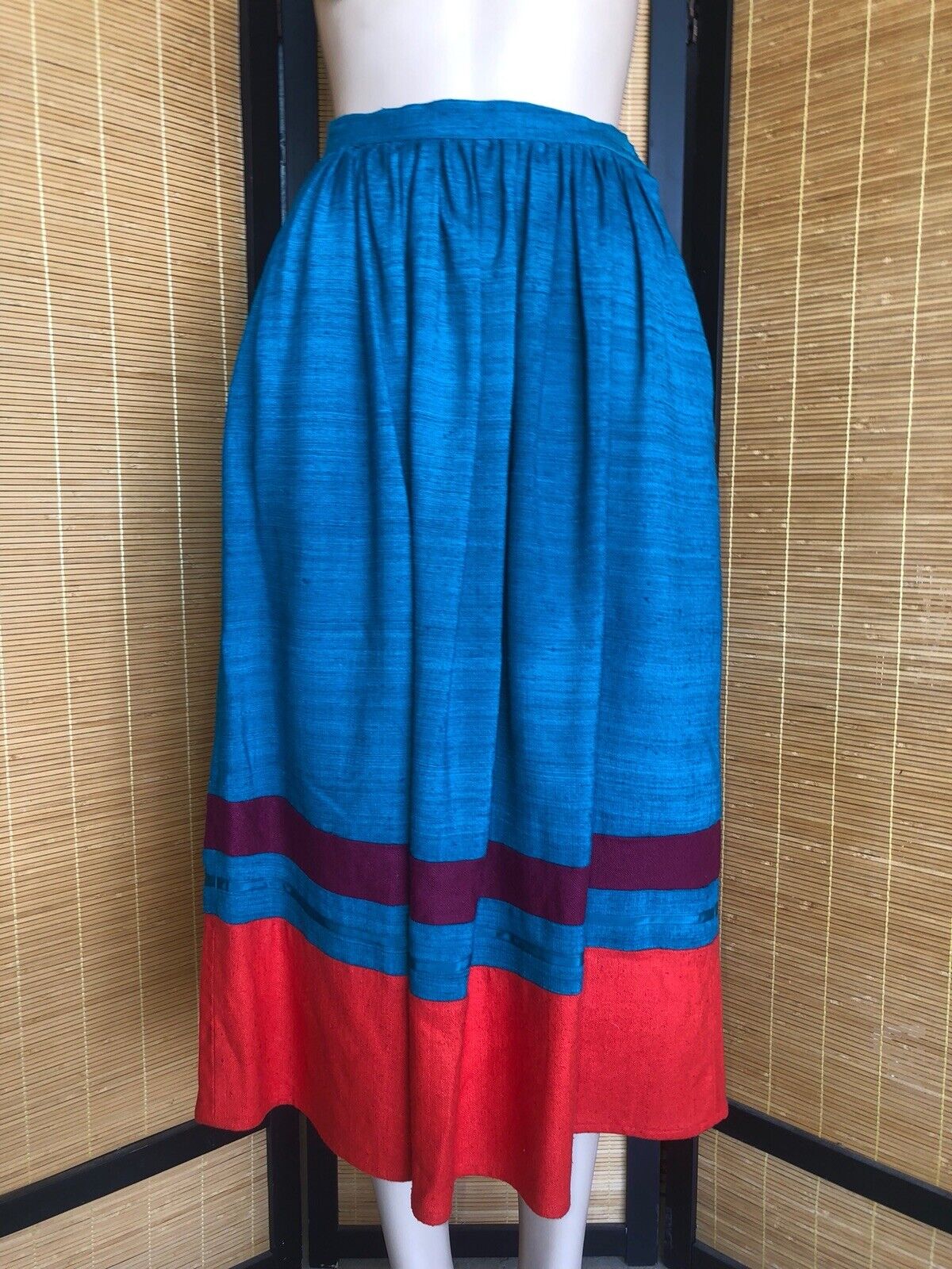 Vintage CAROLE LITTLE St-Tropez West 100% Silk Full Skirt Turquoise Red Hem Sm - Fresh Stock Dated March 2026