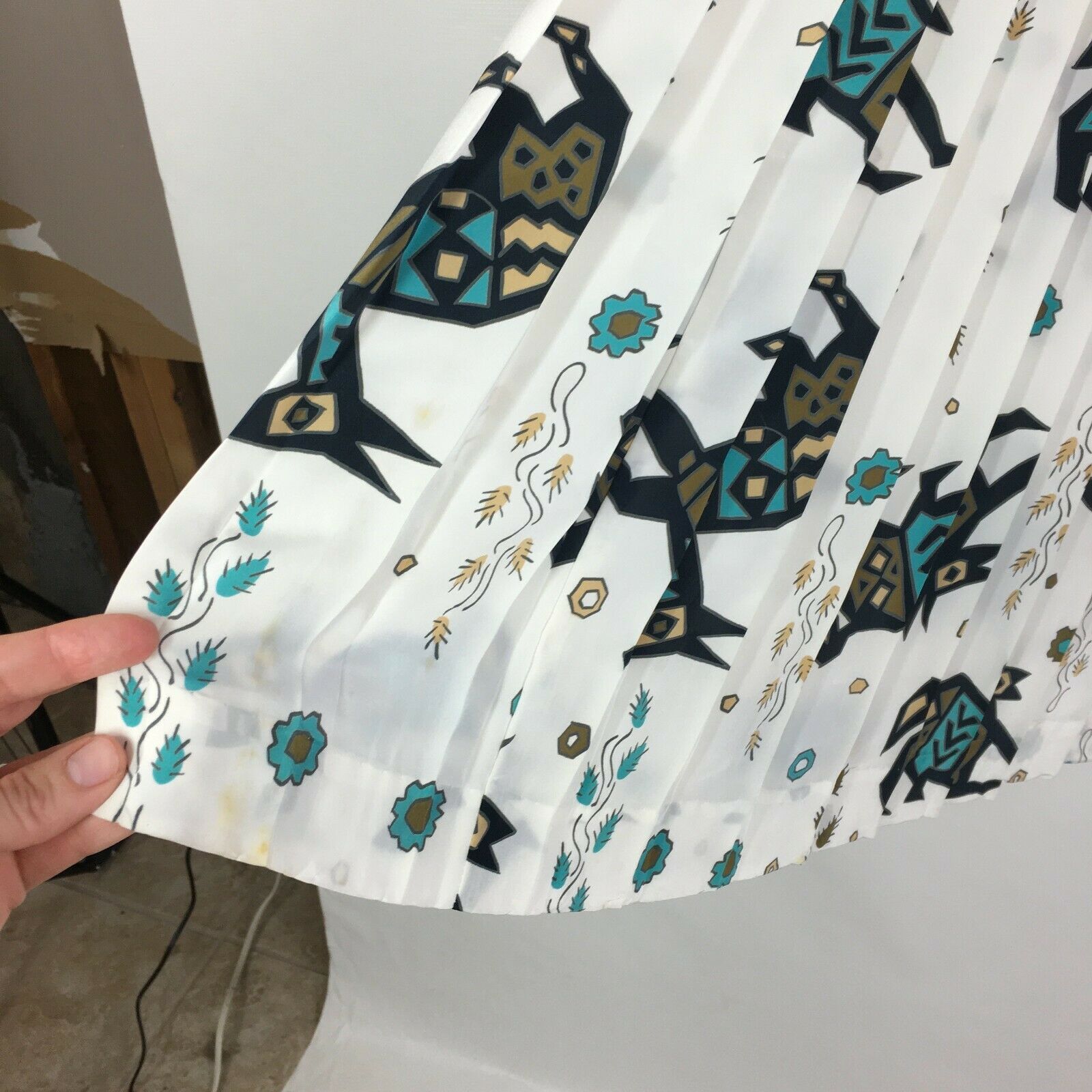 Vintage Silk Skirt Accordion Pleat High Waist White Aztec Tribal Boho Festival - Fresh Stock Dated February 2026