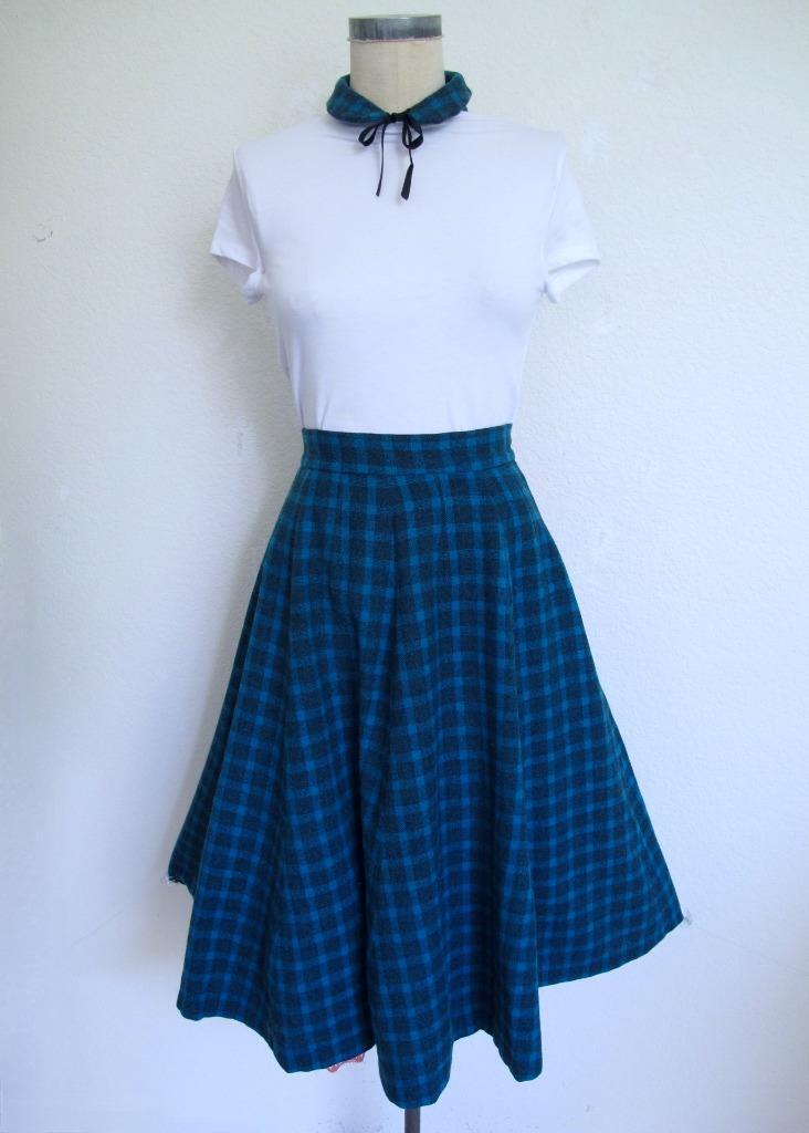 Vintage 1950's Wool Plaid Circle Skirt & Matching Collar XS XXS Blue Gray Plaid - Fresh Stock Dated March 2026