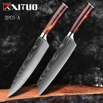 XITUO 1-10PCS  kitchen knives Set Laser Damascus pattern chef knife Sharp Santok - Fresh Stock Dated December 2025