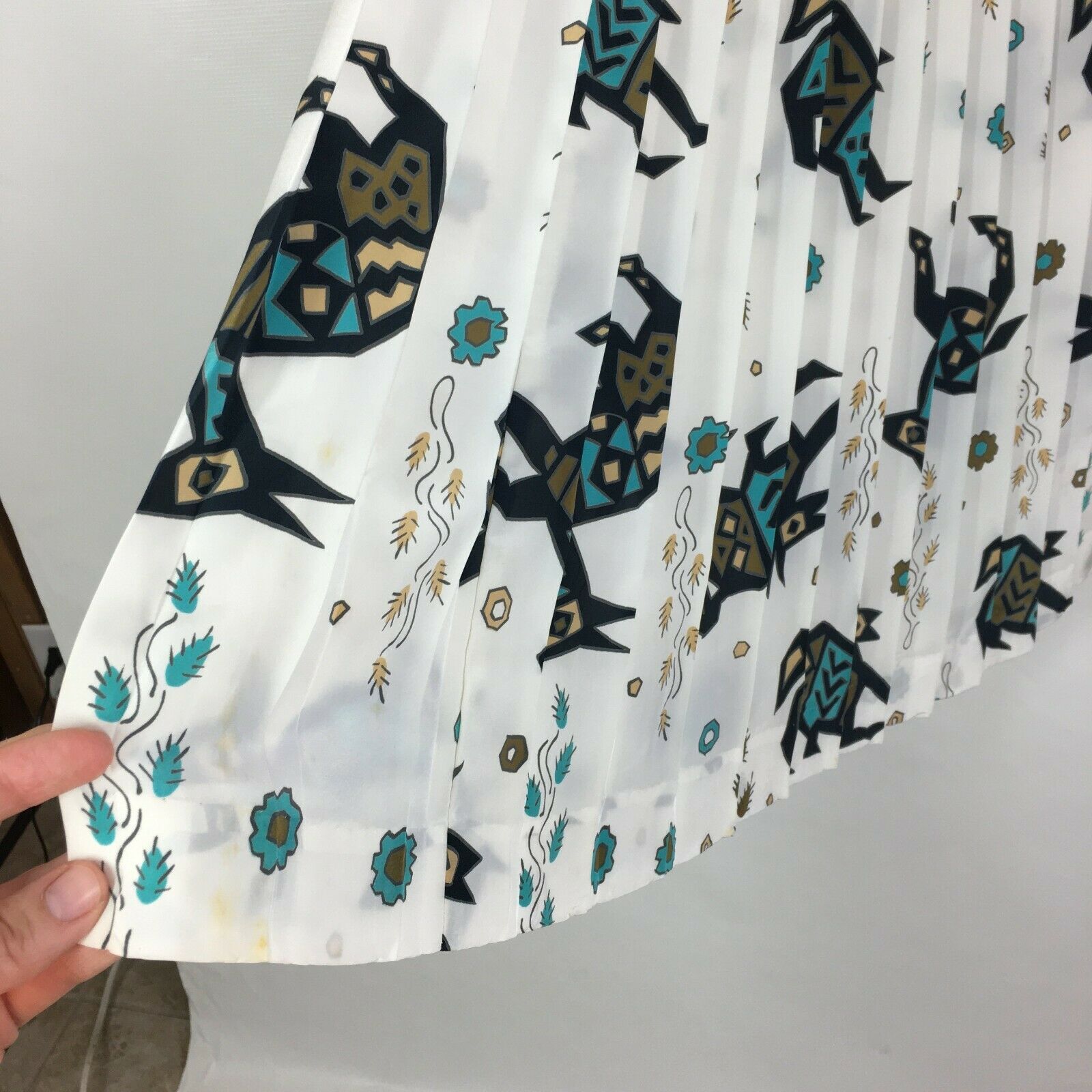 Vintage Silk Skirt Accordion Pleat High Waist White Aztec Tribal Boho Festival - Fresh Stock Dated February 2026