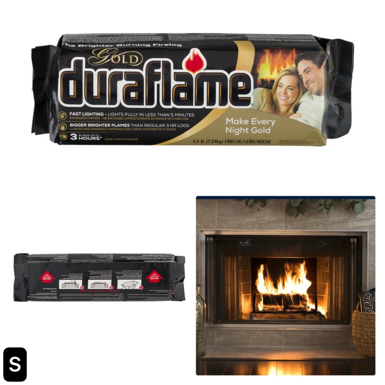 New, Duraflame Gold 4.5lb 3-hr Firelog, Burns 80% Cleaner Than Wood, Free Ship - Fresh Stock Dated December 2025