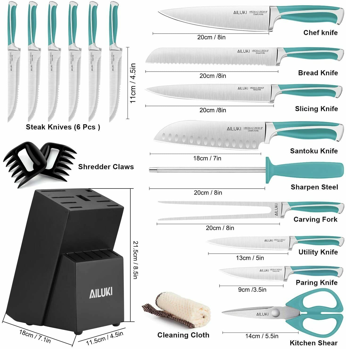 Knife Set, 18-Piece Kitchen Knife Set with Block Wooden German Stainless Steel - Fresh Stock Dated December 2025