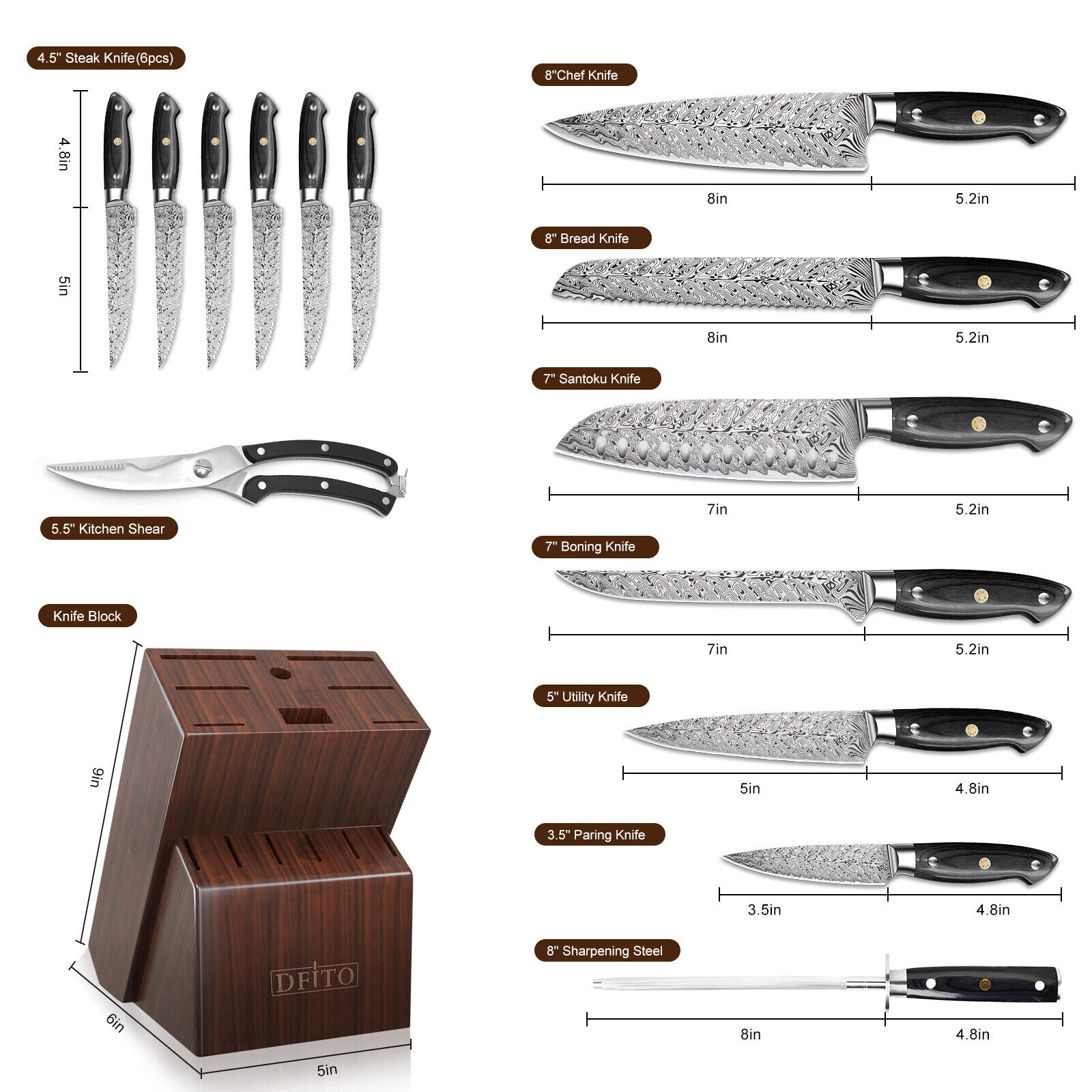 15 Pcs Kitchen Knife Set with Wooden Block Japan Carbon Stainless Steel Knives - Fresh Stock Dated December 2025