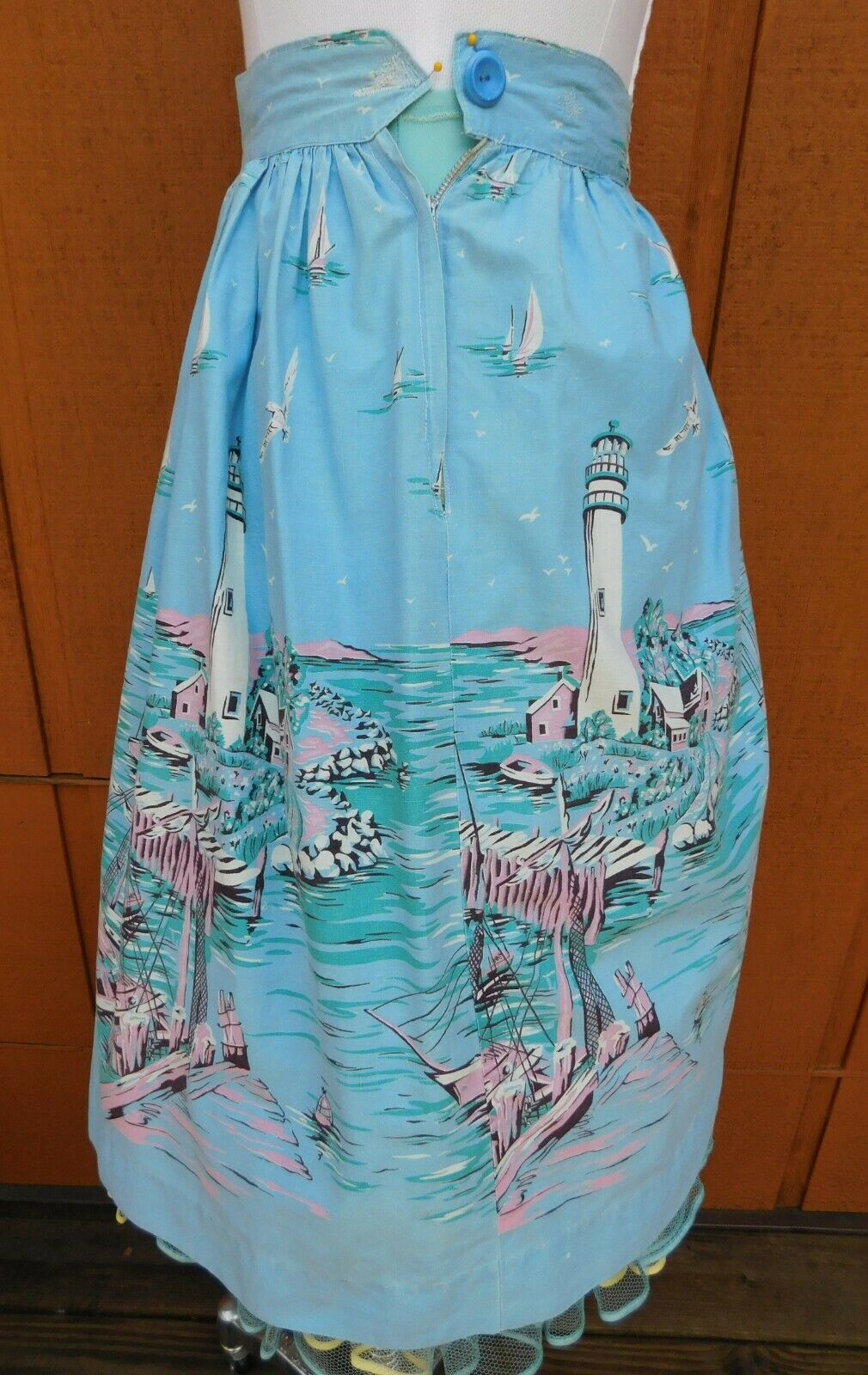 Vtg 50s Well Loved Gathered Skirt Lighthouse Boats Docks Border Print 25 Waist - Fresh Stock Dated February 2026