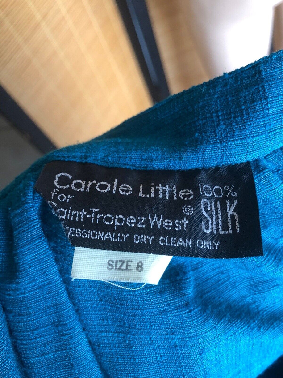 Vintage CAROLE LITTLE St-Tropez West 100% Silk Full Skirt Turquoise Red Hem Sm - Fresh Stock Dated March 2026