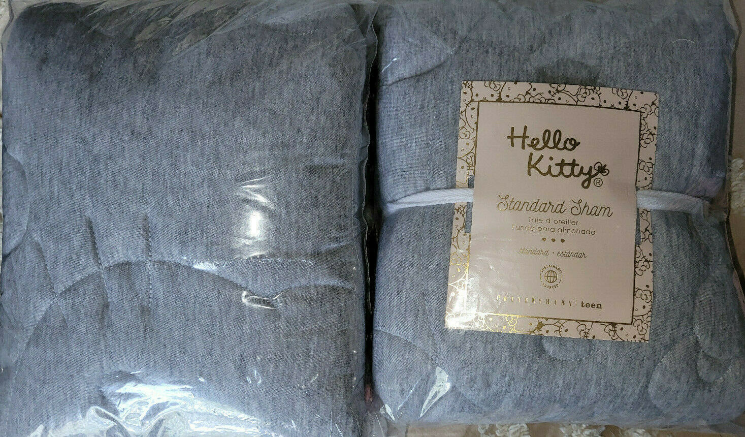 2 Pottery Barn Teen HELLO KITTY Reversible Jersey Shams Gray & Pink + Fur Pillow - Fresh Stock Dated December 2025