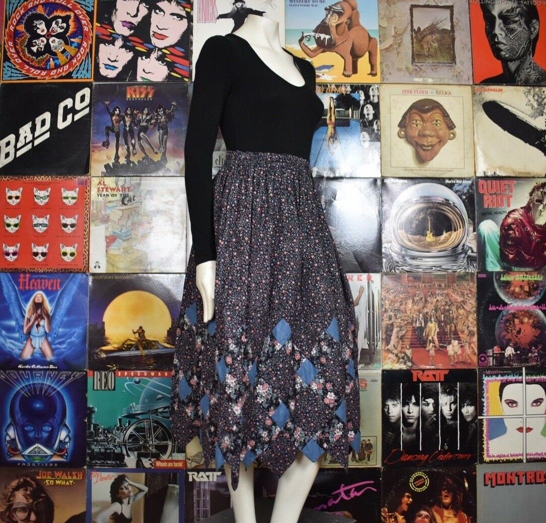 Vintage One of a Kind Patchwork Quilted Midi Skirt Hippie Boho Asymmetrical Hem - Fresh Stock Dated March 2026