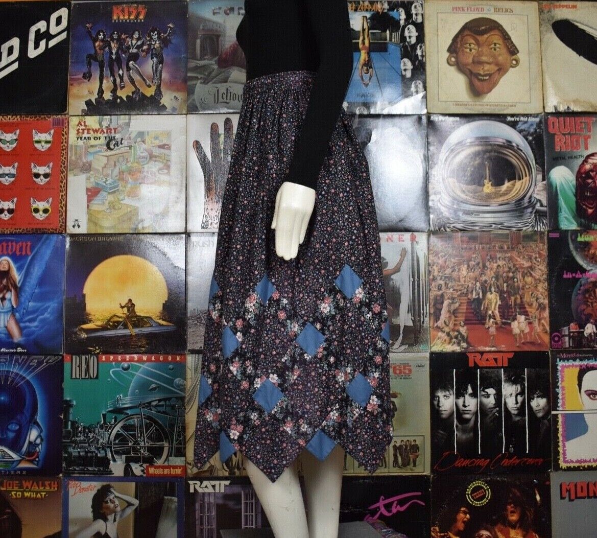 Vintage One of a Kind Patchwork Quilted Midi Skirt Hippie Boho Asymmetrical Hem - Fresh Stock Dated March 2026