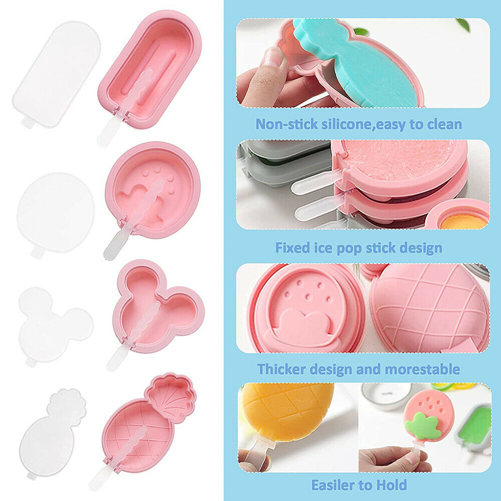 4 Pack Silicone Popsicle Molds Reusable Cute Ice Cream Pop Maker with Lid Sticks - Fresh Stock Dated February 2026