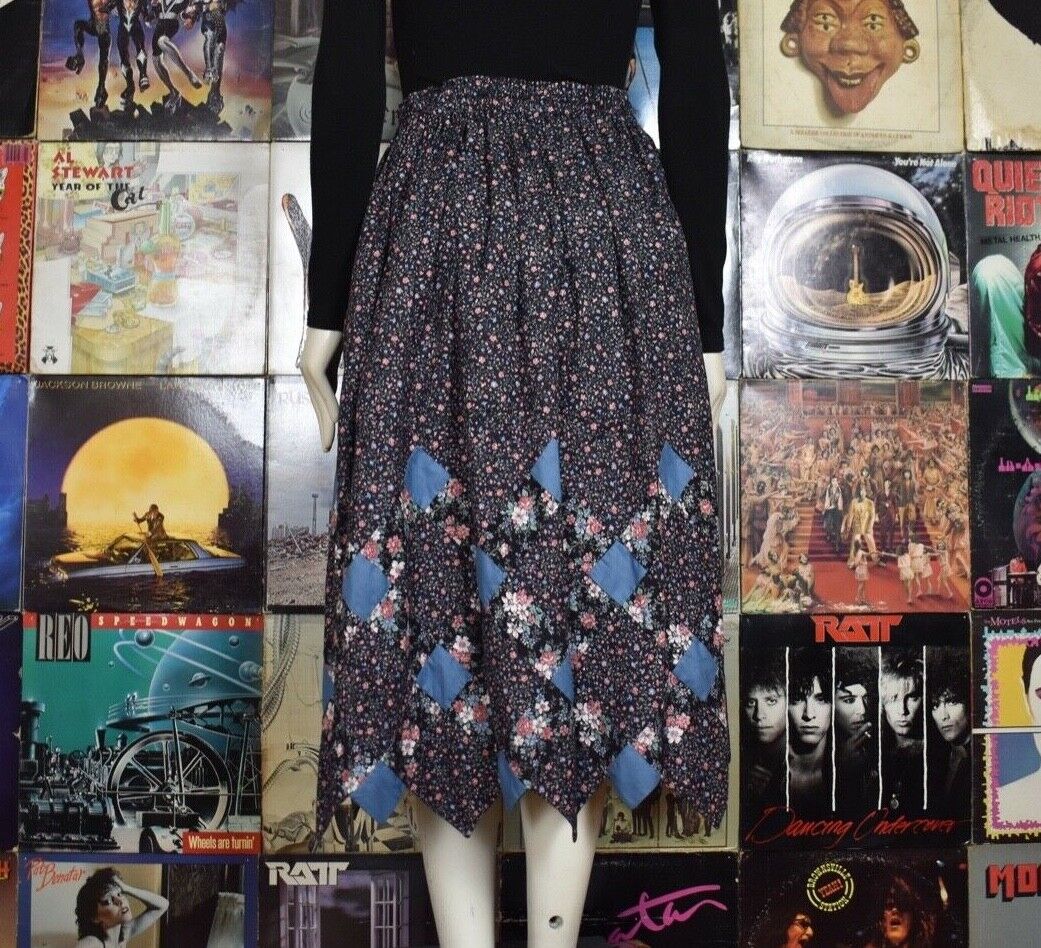 Vintage One of a Kind Patchwork Quilted Midi Skirt Hippie Boho Asymmetrical Hem - Fresh Stock Dated March 2026