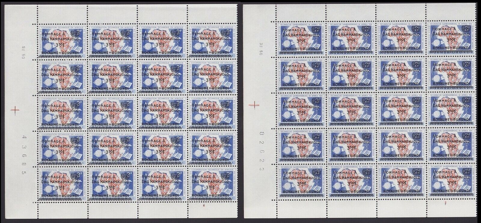 Burundi 1962 stamps Set Cob 35/40 Bloc of 20 - Part of Sheets MNH Luxe.....A5618 - Fresh Stock Dated December 2025