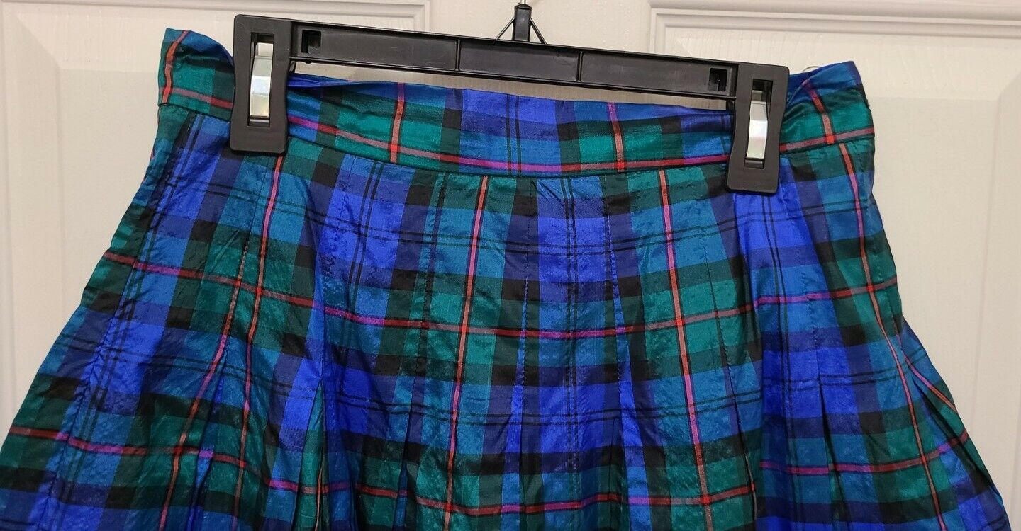 Vtg Herman Geist Blue Silk Plaid Taffeta Holiday Skirt w/ Lining See Measurement - Fresh Stock Dated March 2026