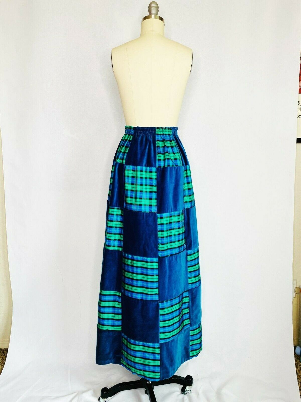 Vintage 70s Patch Work Maxi Skirt S Small Blue Plaid Pattern Hippy Festival Boho - Fresh Stock Dated March 2026