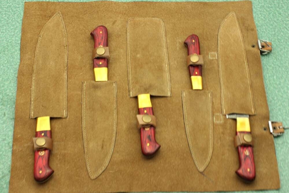 5 piece hand forged hammered Damascus steel Kitchen knife set, suede roll sheath - Fresh Stock Dated February 2026