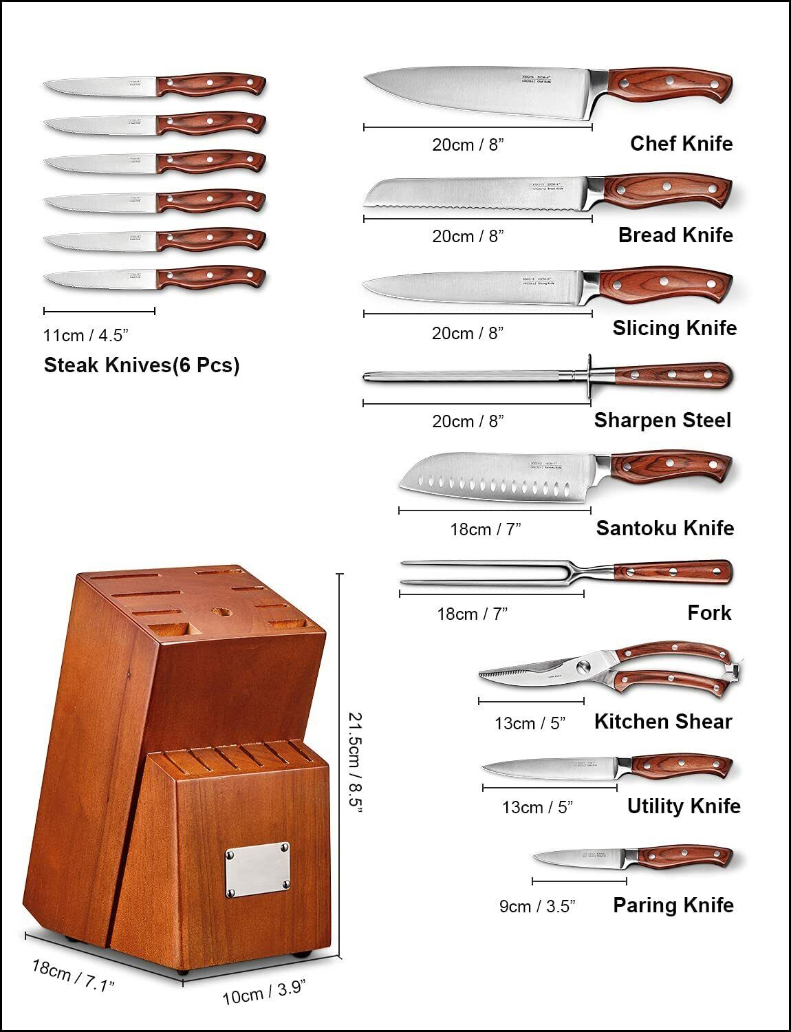 Knife Set, 16-Piece Kitchen Knife Set with Block Wooden German Stainless Steel - Fresh Stock Dated February 2026