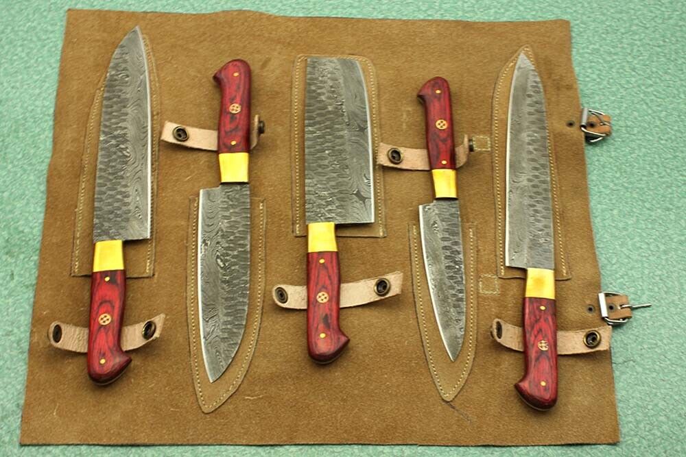 5 piece hand forged hammered Damascus steel Kitchen knife set, suede roll sheath - Fresh Stock Dated February 2026