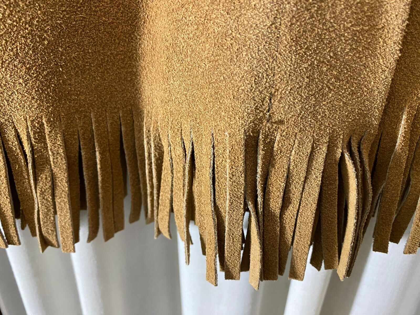 Vintage Suede Mini Skirt w/Fringe-S-Natural Color-Front Snaps-VG-CLASSIC HIPPIE - Fresh Stock Dated March 2026