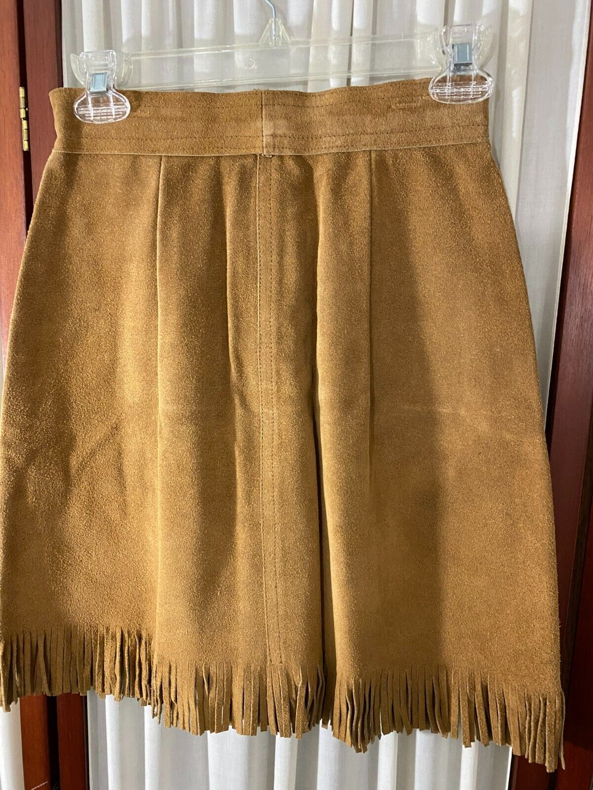 Vintage Suede Mini Skirt w/Fringe-S-Natural Color-Front Snaps-VG-CLASSIC HIPPIE - Fresh Stock Dated March 2026