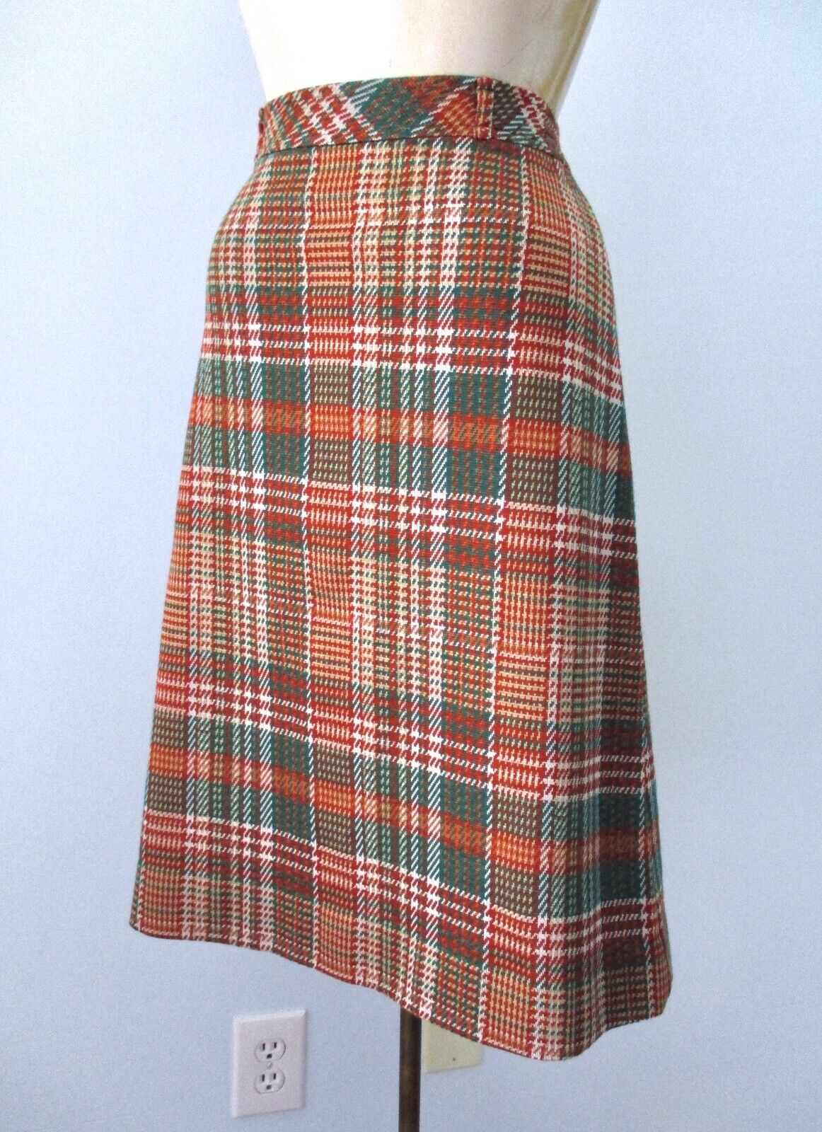 Vtg 60s 70s Mod Rust Green Plaid Poly Knit A-Line Secretary Skirt Side Zip 12 - Fresh Stock Dated March 2026