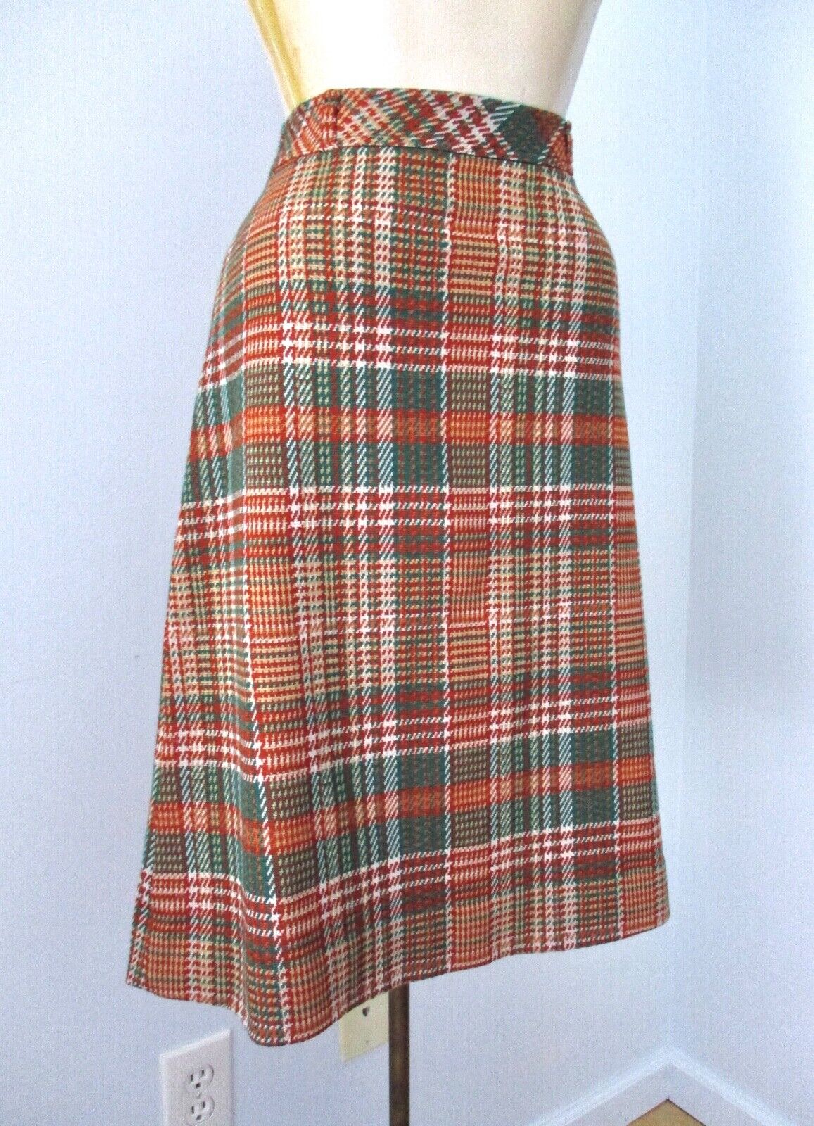 Vtg 60s 70s Mod Rust Green Plaid Poly Knit A-Line Secretary Skirt Side Zip 12 - Fresh Stock Dated March 2026