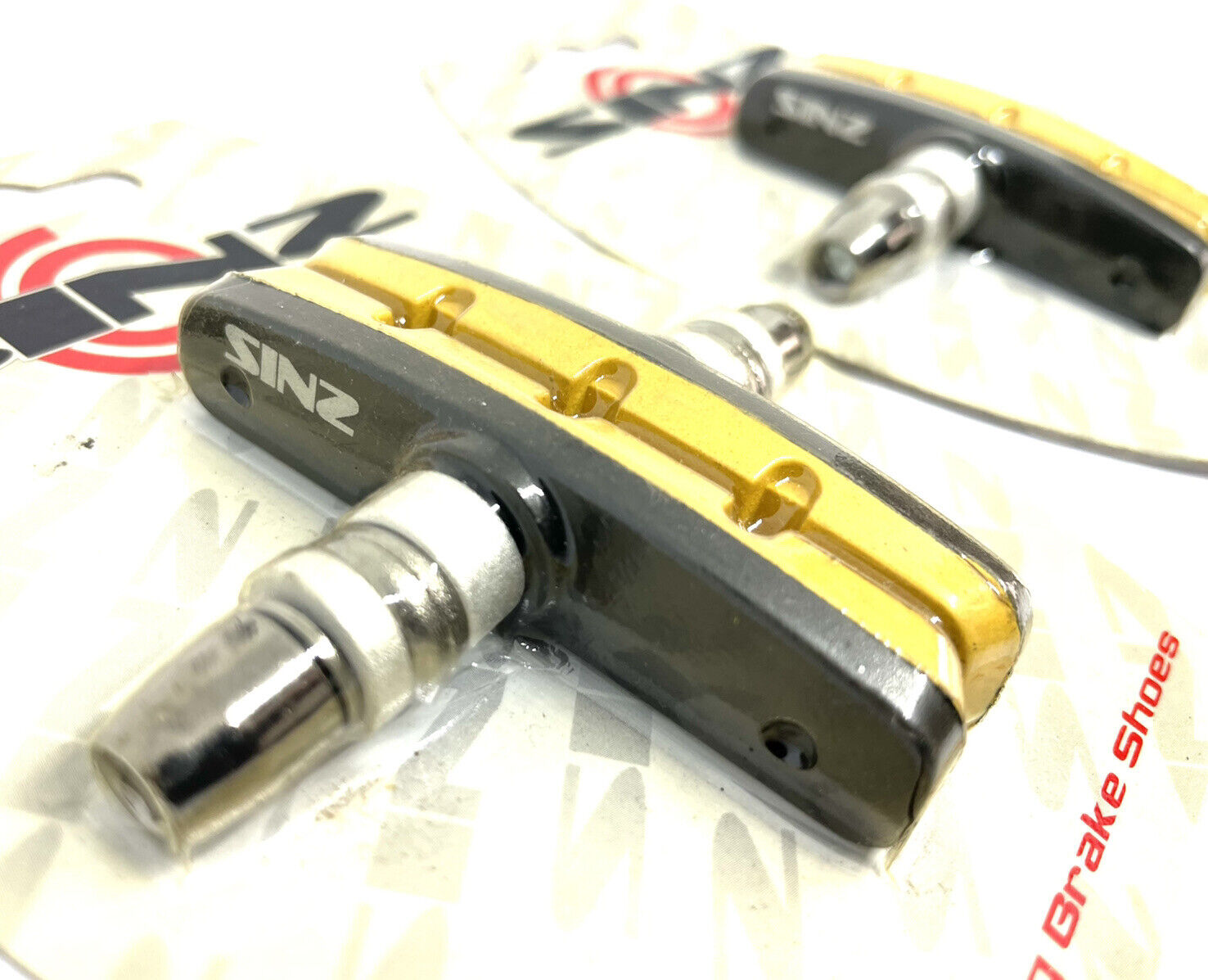 Sinz Pro Racing BMX Brake Shoes Pads Threaded Post Black Outer Yellow Inner 70mm - Fresh Stock Dated February 2026