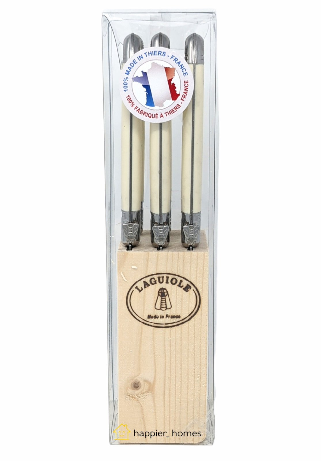 LAGUIOLE (Set of 6) Steak Knives in Wood Block - Ivory / White Handle NEW - Fresh Stock Dated December 2025